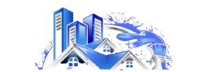 Blue paint pouring over homes and buildings